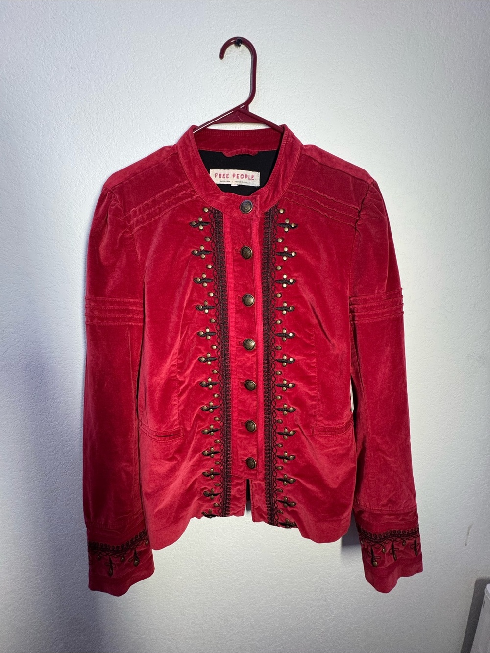 Free People Size L Maven Rio Red Velvet Military Blazer Jacket NWT